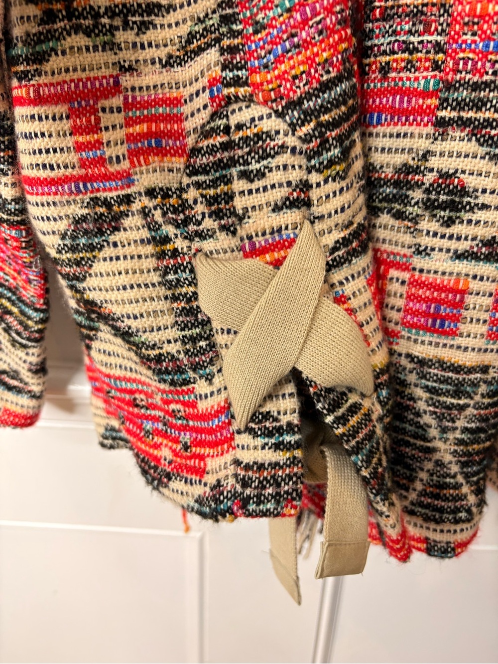 Zara Fringe Open-Front Patterned Jacket - Red & Cream - Picture 10 of 14